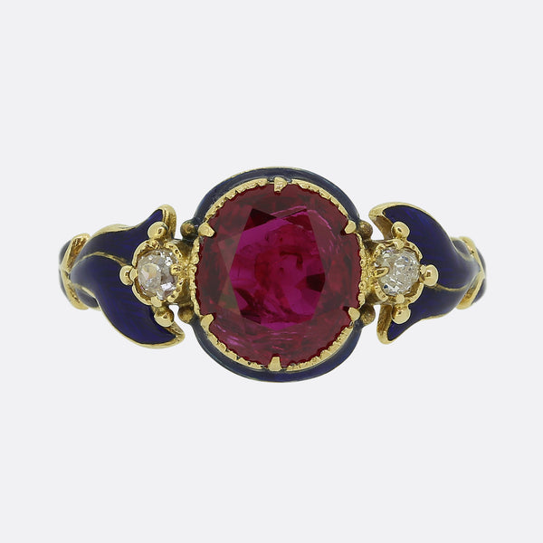 Victorian Burmese Ruby Diamond and Enamel Ring