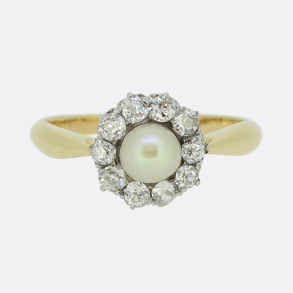 Antique Natural Pearl and Diamond Cluster Ring