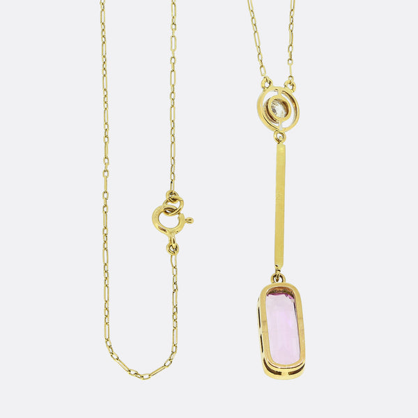 Edwardian Pink Topaz and Diamond Drop Pendant Necklace