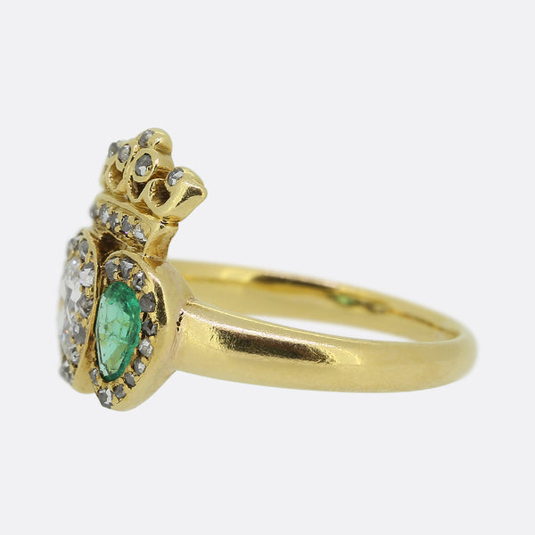 Victorian Emerald and Diamond Double Heart Ring