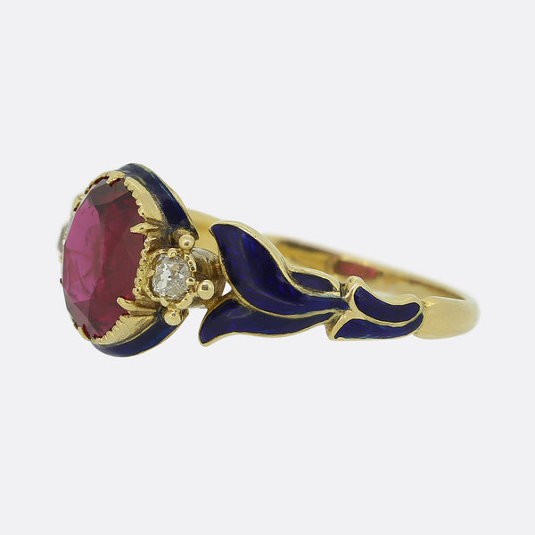 Victorian Burmese Ruby Diamond and Enamel Ring