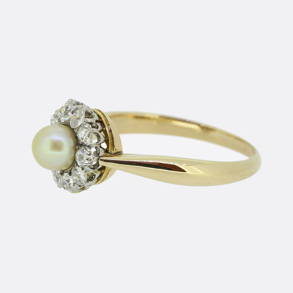 Antique Natural Pearl and Diamond Cluster Ring