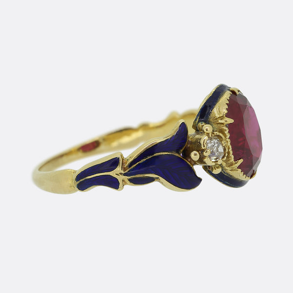 Victorian Burmese Ruby Diamond and Enamel Ring