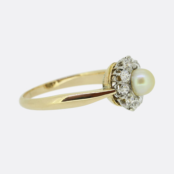 Antique Natural Pearl and Diamond Cluster Ring