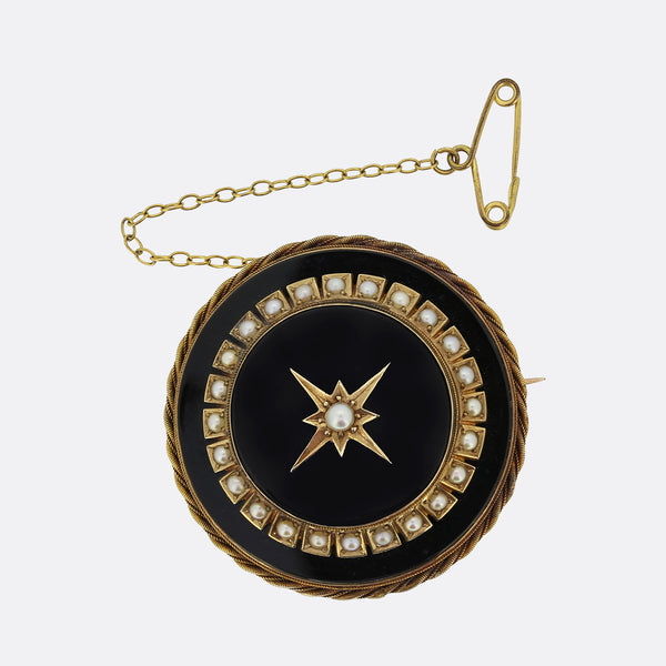 Victorian Black Onyx and Pearl Mourning Brooch