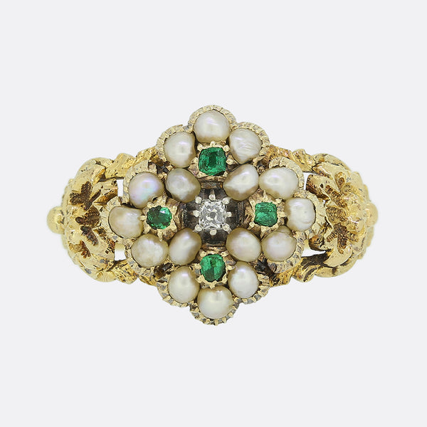 Georgian Emerald Diamond and Pearl Ring