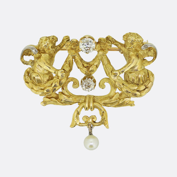 Victorian Pearl and Diamond Double Cherub Brooch