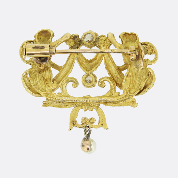 Victorian Pearl and Diamond Double Cherub Brooch