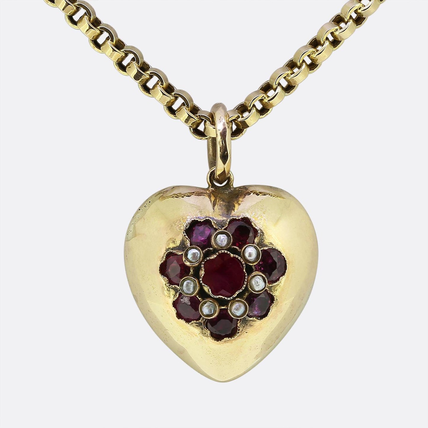 Vintage Ruby and Pearl Heart Pendant Necklace
