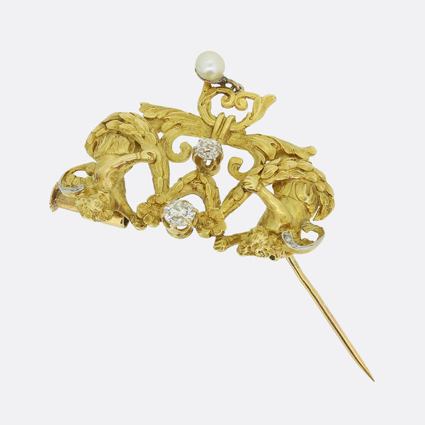 Victorian Pearl and Diamond Double Cherub Brooch