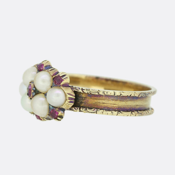 Georgian Pearl and Ruby Cluster Ring