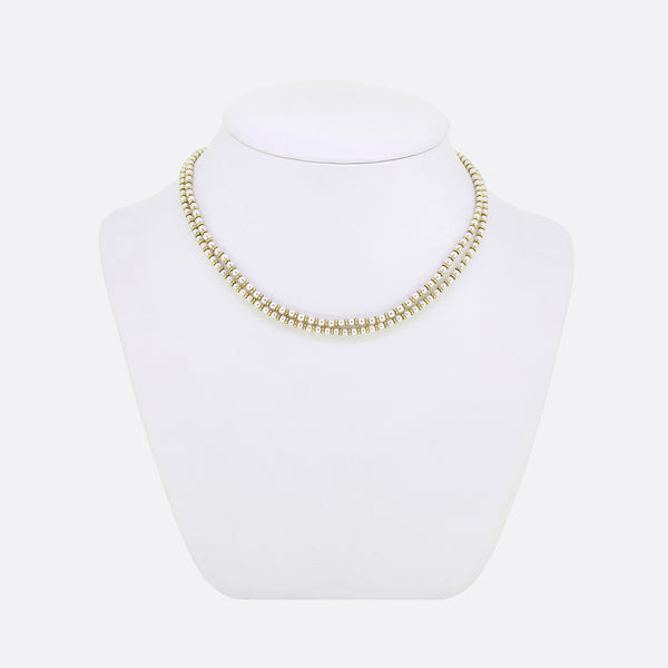 Vintage Cultured Pearl Double Row Necklace and Diamond Clasp