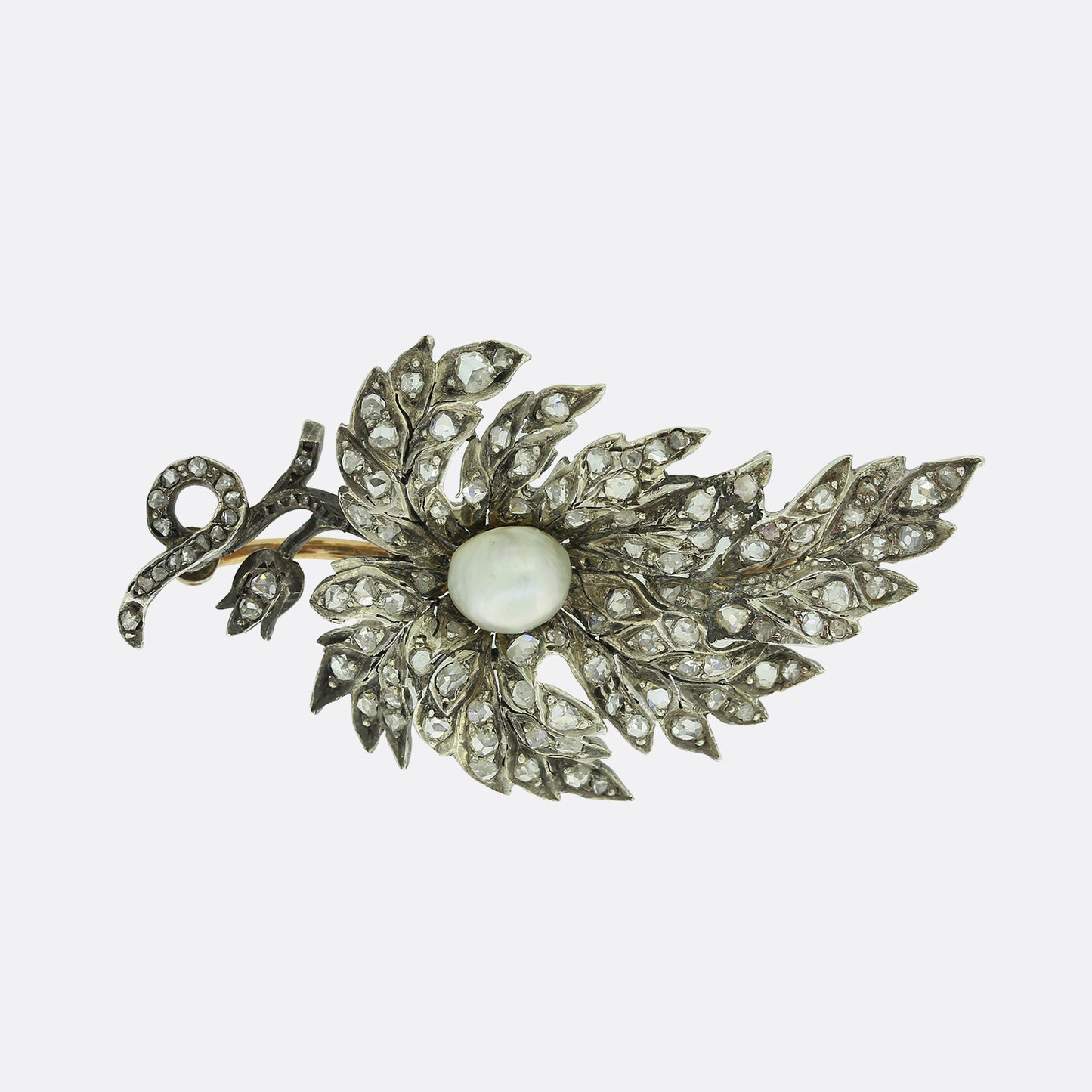 Victorian Old Cut Diamond and Natural Pearl Flower Brooch