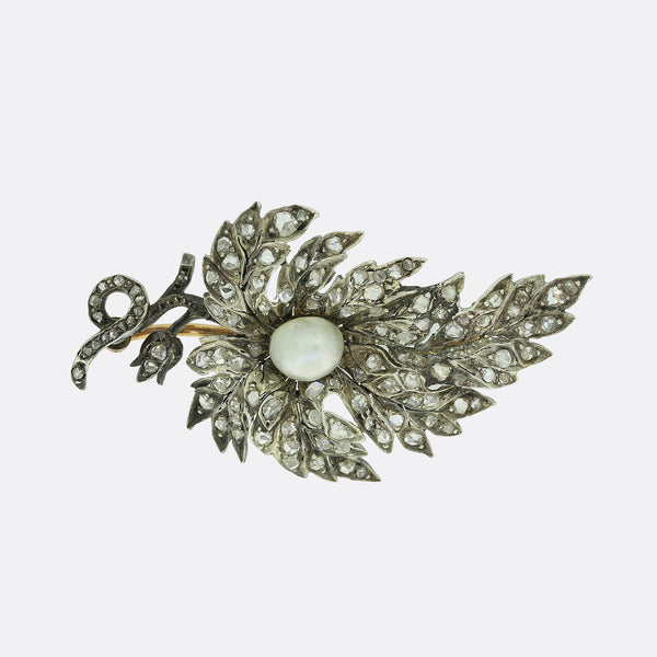 Victorian Old Cut Diamond and Natural Pearl Flower Brooch