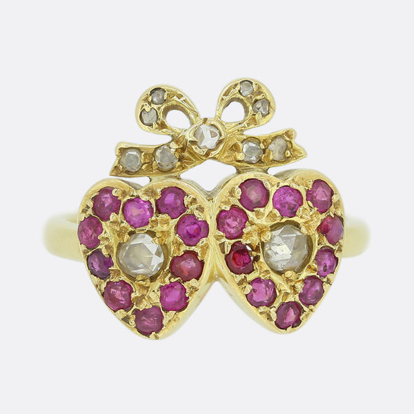 Edwardian Ruby and Diamond Double Heart Ring