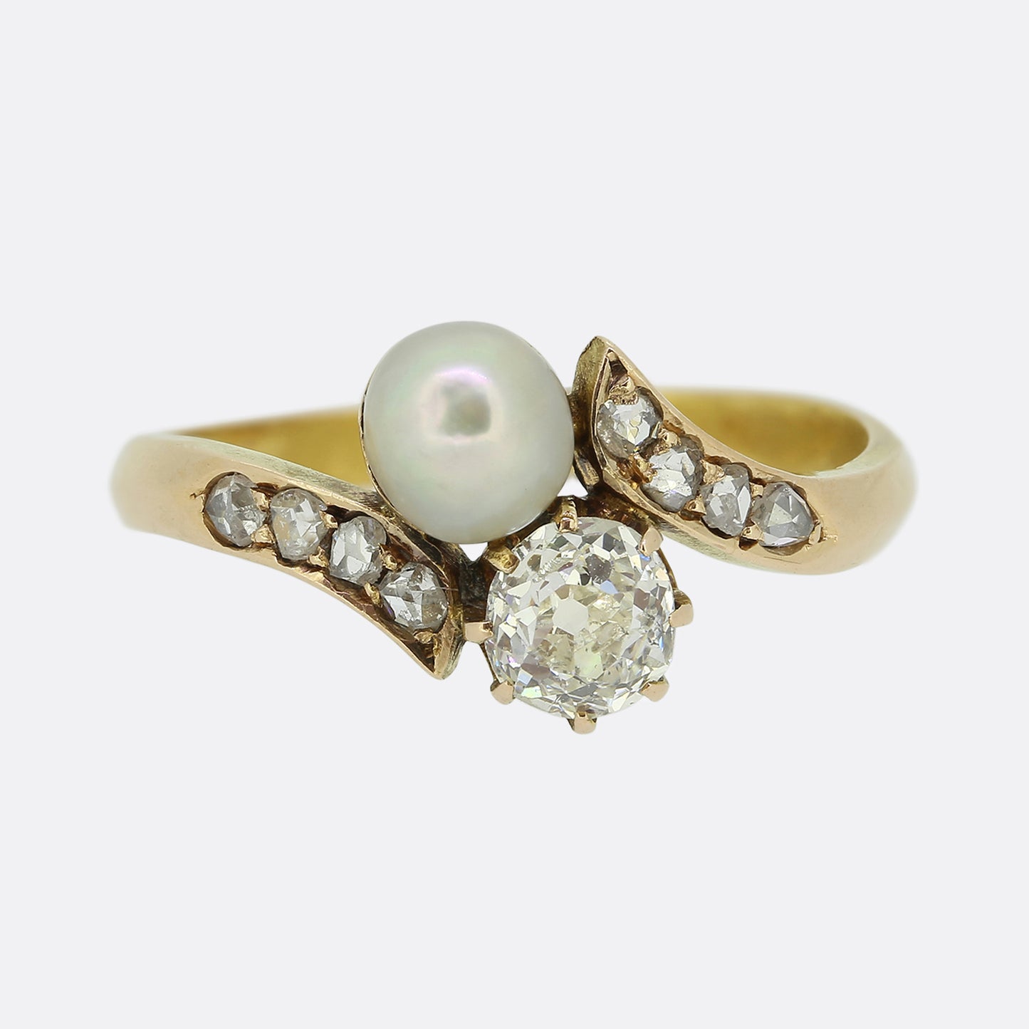 Antique Pearl and Diamond Two-Stone Crossover Ring
