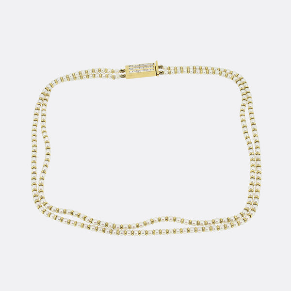 Vintage Cultured Pearl Double Row Necklace and Diamond Clasp