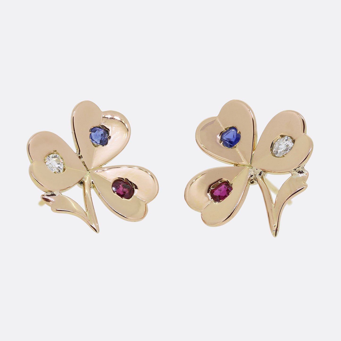 Vintage Diamond Ruby Sapphire Shamrock Earrings