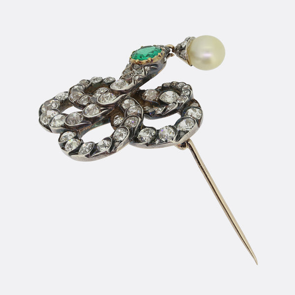 Victorian Emerald Diamond and Pearl Snake Brooch