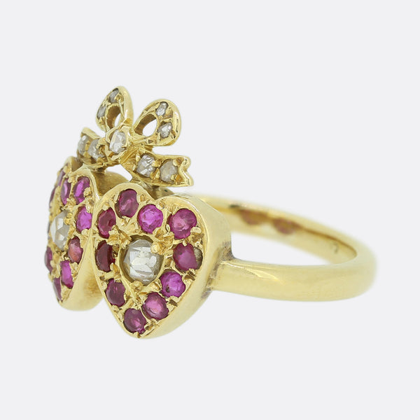 Edwardian Ruby and Diamond Double Heart Ring