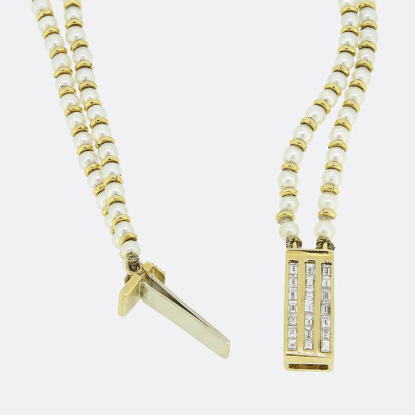 Vintage Cultured Pearl Double Row Necklace and Diamond Clasp