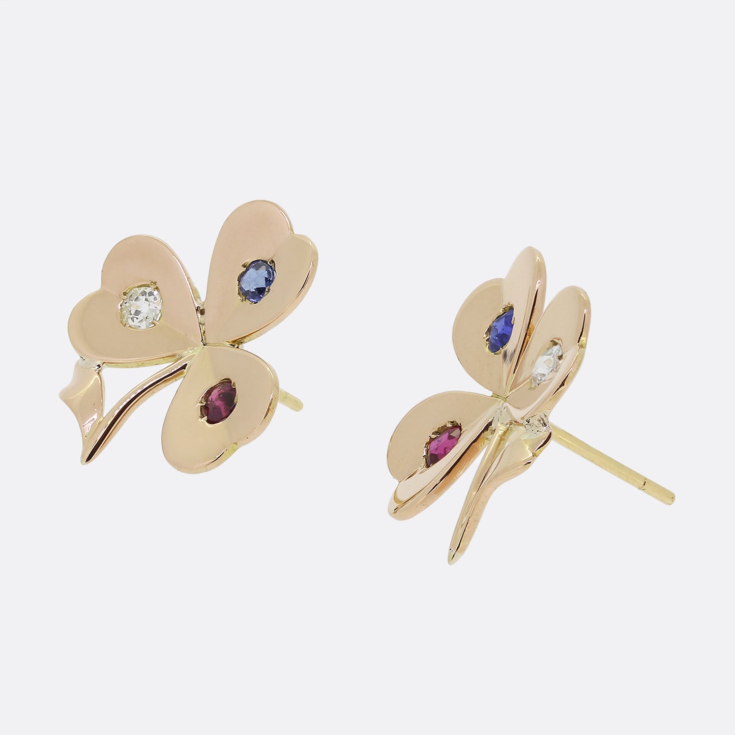 Vintage Diamond Ruby Sapphire Shamrock Earrings