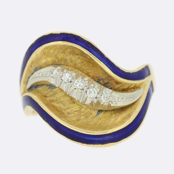 Vintage Diamond and Blue Enamel Swirl Ring