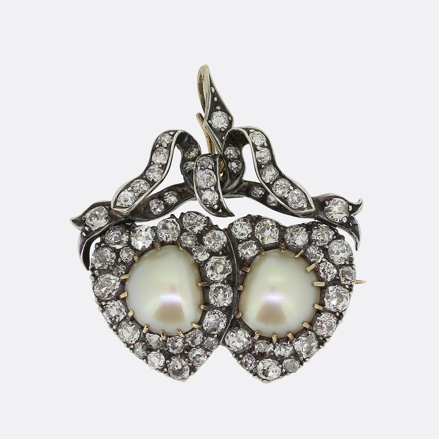 Victorian Pearl and Diamond Double Heart Brooch Pendant