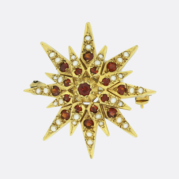 Vintage Seedpearl and Garnet Starburst Brooch