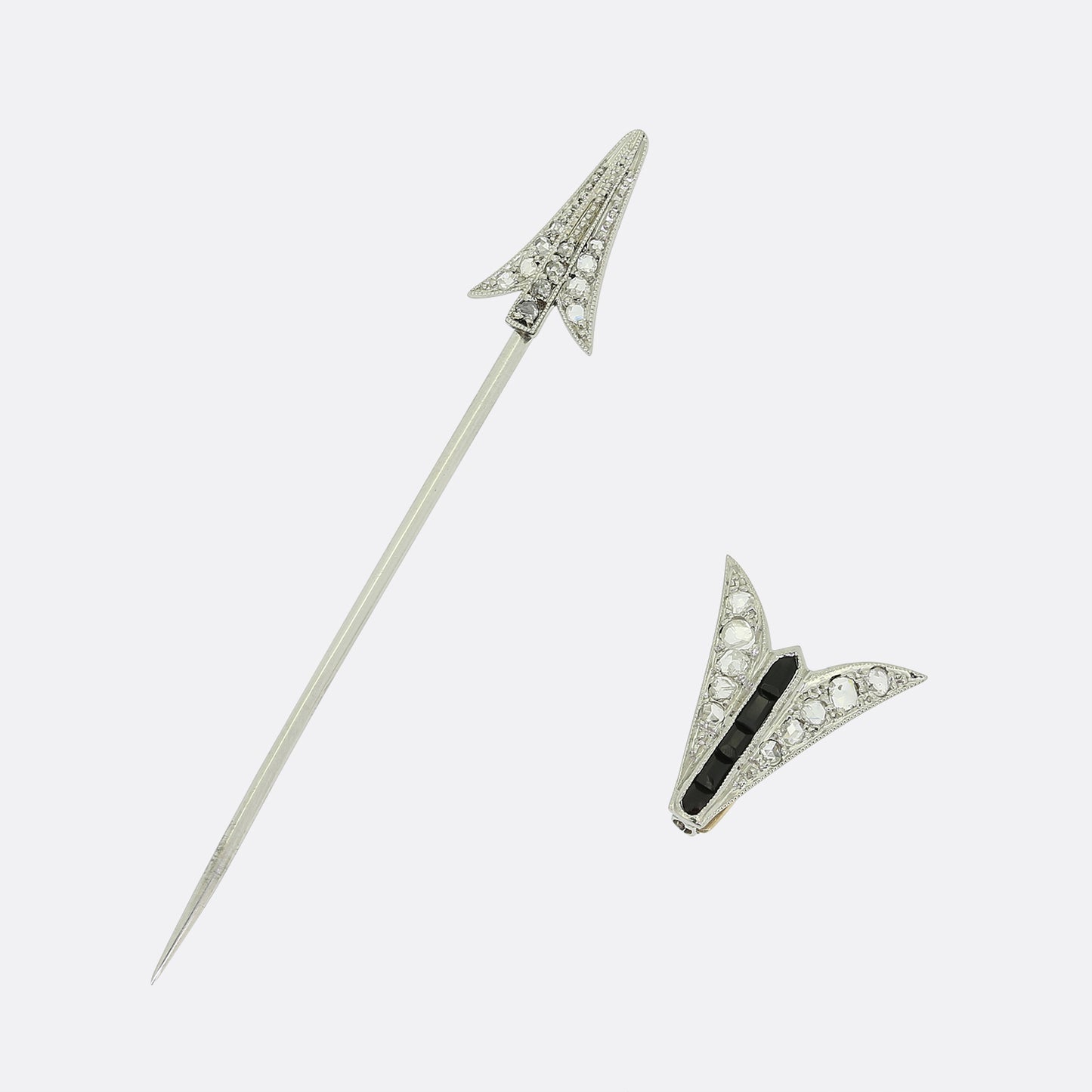 Art Deco Sapphire and Rose Cut Diamond Jabot Arrow Pin
