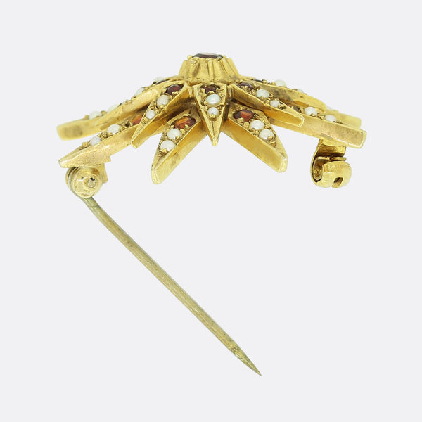 Vintage Seedpearl and Garnet Starburst Brooch