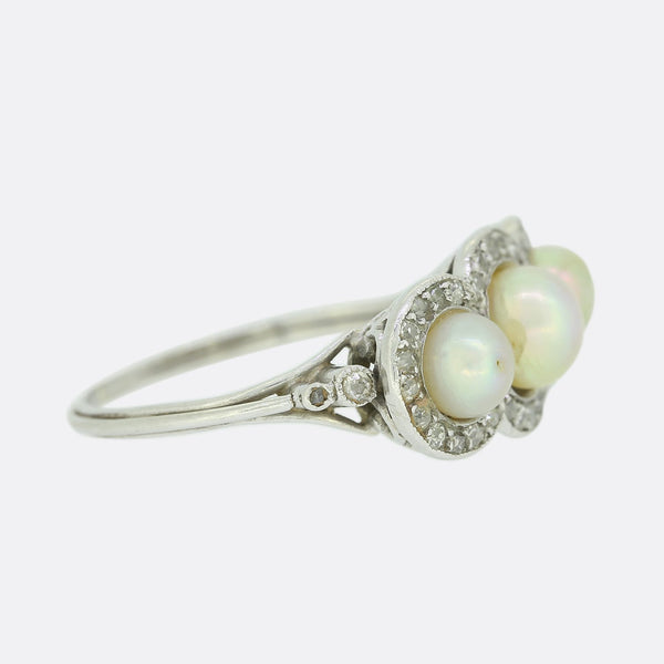 Edwardian Natural Pearl Three Stone and Diamond Ring