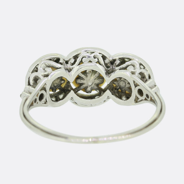 Edwardian Natural Pearl Three Stone and Diamond Ring