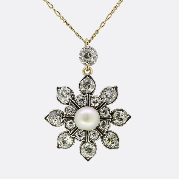 Victorian Natural Pearl and Diamond Sunflower Necklace