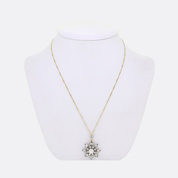 Victorian Natural Pearl and Diamond Sunflower Necklace