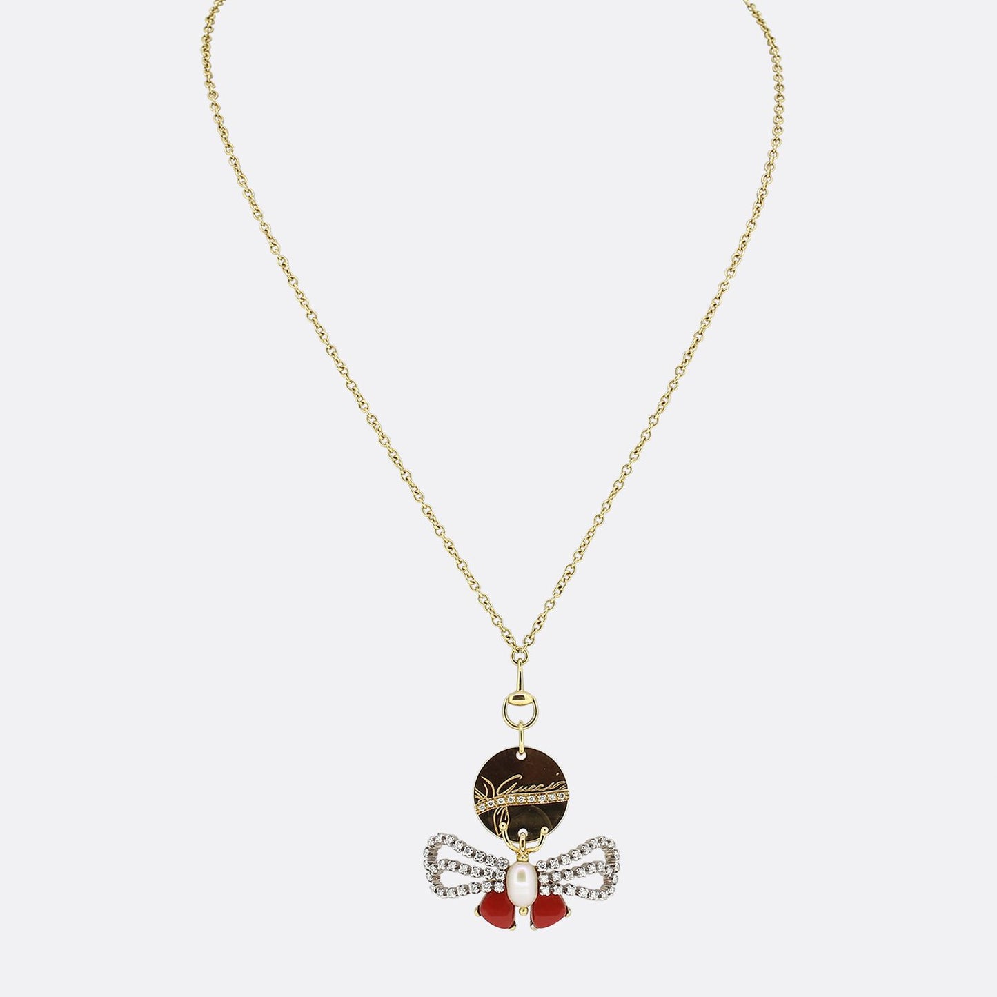 Gucci Diamond Coral and Pearl Bee Necklace
