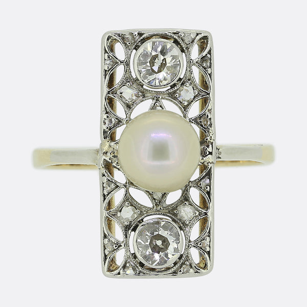 Edwardian Natural Pearl and Diamond Plaque Ring