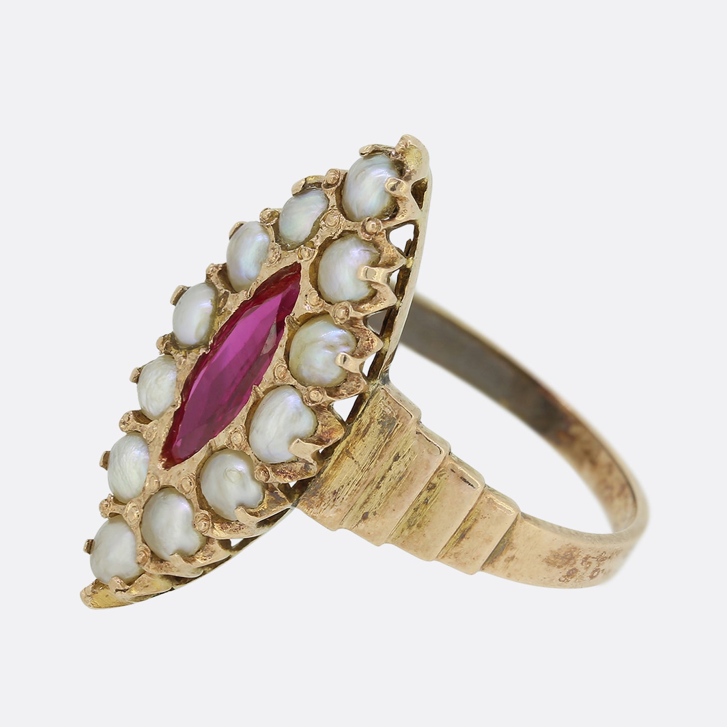 Edwardian Synthetic Ruby and Pearl Navette Ring