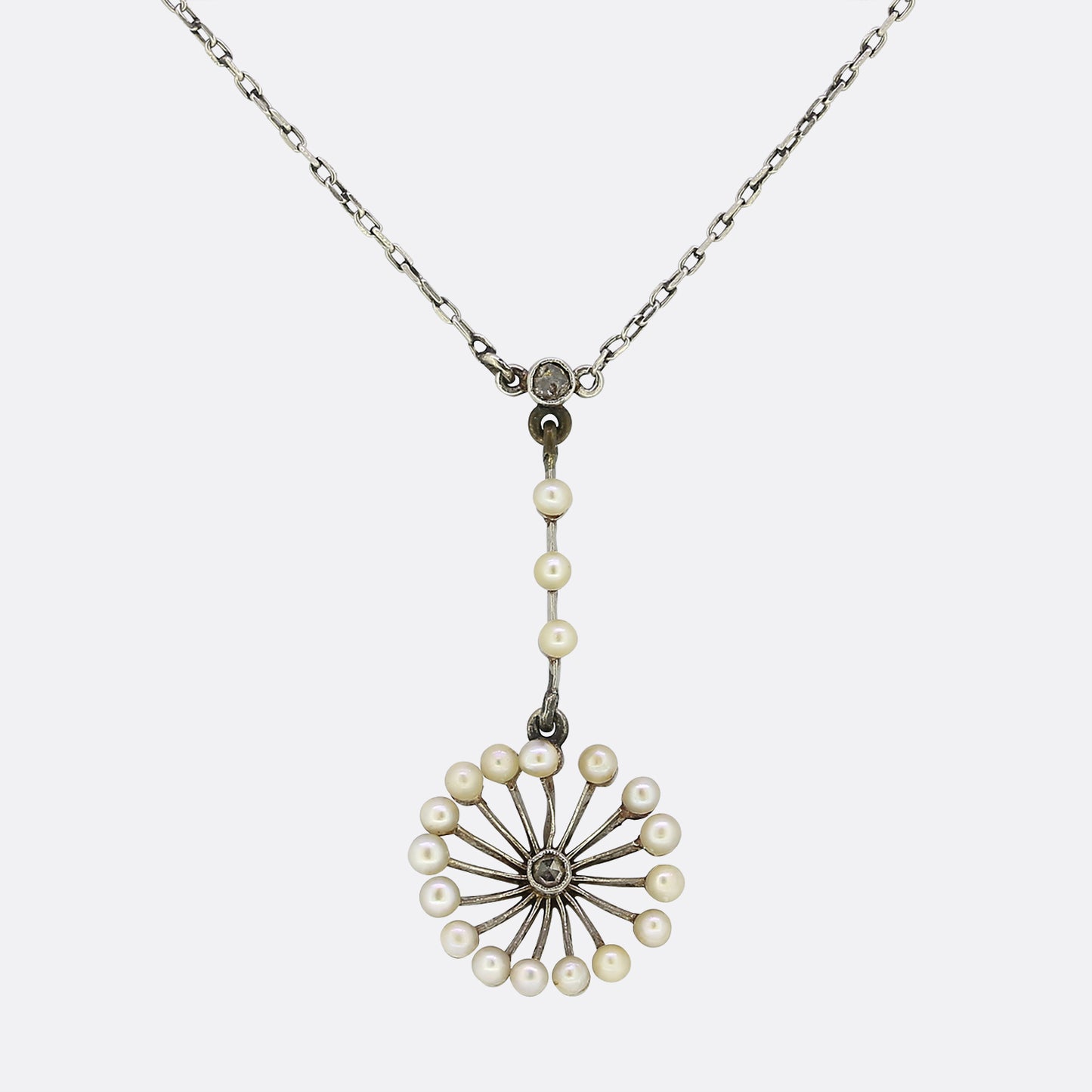 Edwardian Natural Pearl and Diamond Drop Necklace