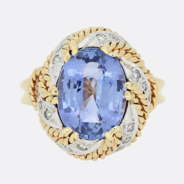 Vintage 10.19 Carat Sri Lankan Sapphire and Diamond Cluster Ring