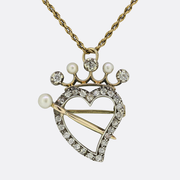 Victorian Diamond Pearl Heart and Crown Pendant Necklace