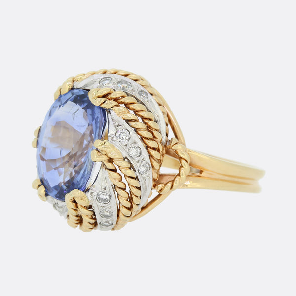 Vintage 10.19 Carat Sri Lankan Sapphire and Diamond Cluster Ring