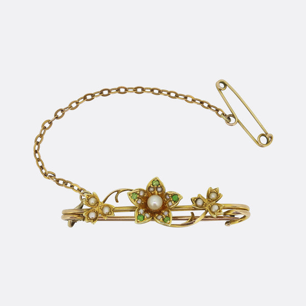 Edwardian Demantoid Garnet and Pearl Flower Brooch