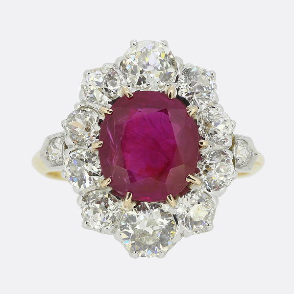 Victorian 3.02 Carat Burmese Ruby and Old Cut Diamond Cluster Ring