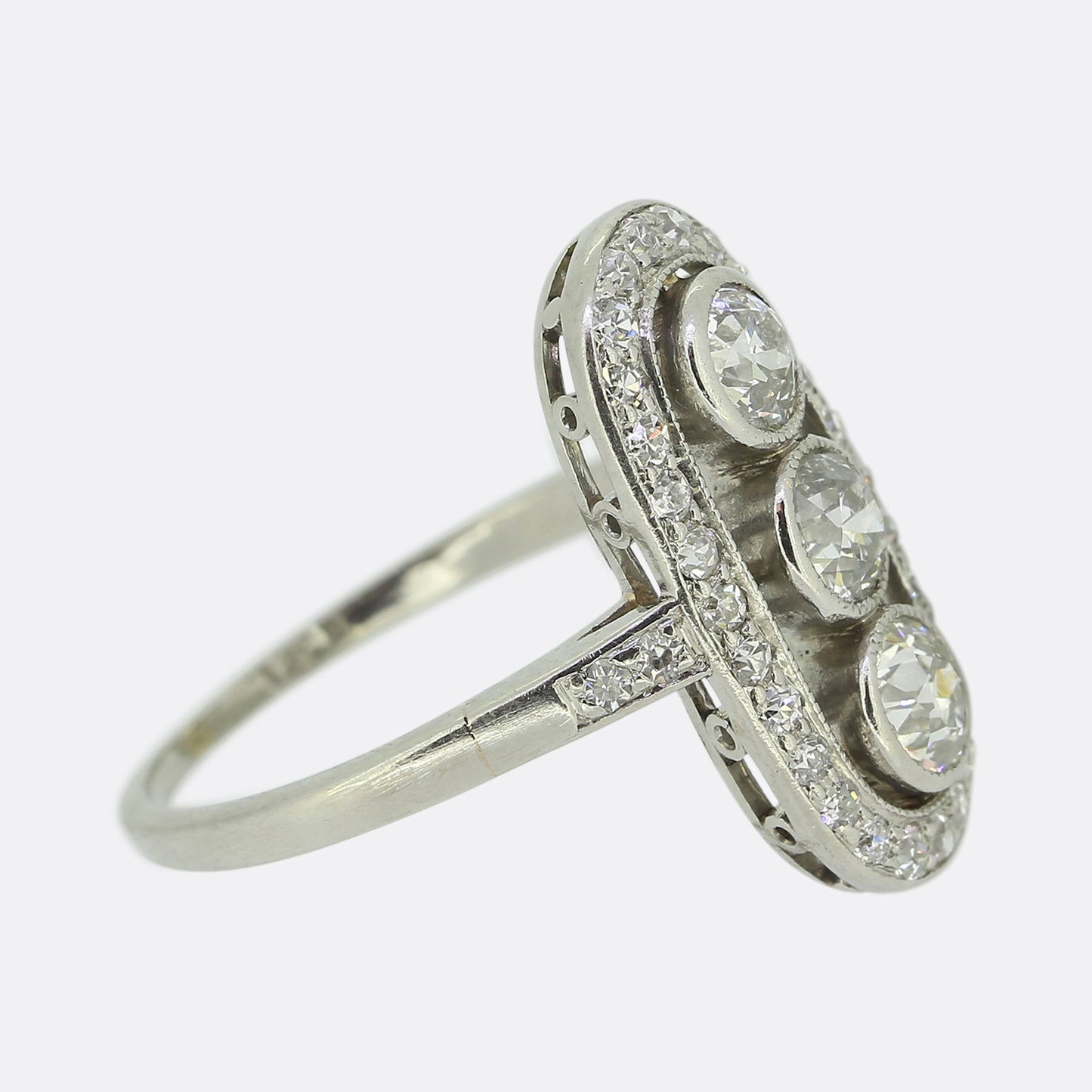 Edwardian Three-Stone Old Cut Diamond Tablet Ring