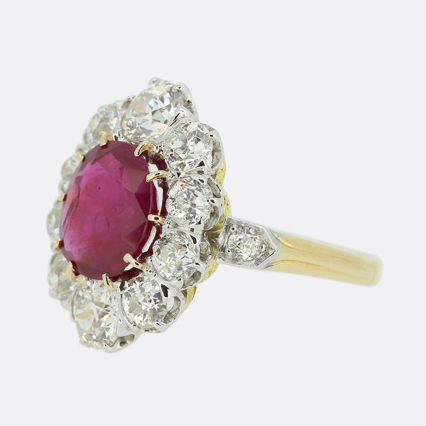 Victorian 3.02 Carat Burmese Ruby and Old Cut Diamond Cluster Ring