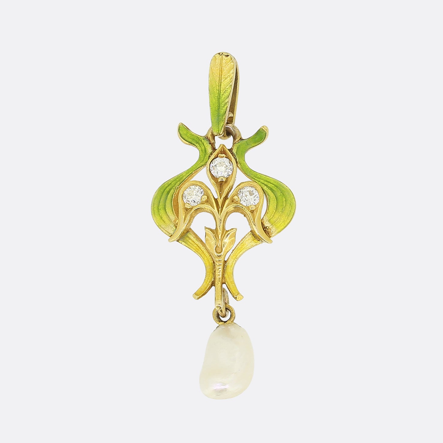 Art Nouveau Natural Pearl Diamond and Enamel Pendant
