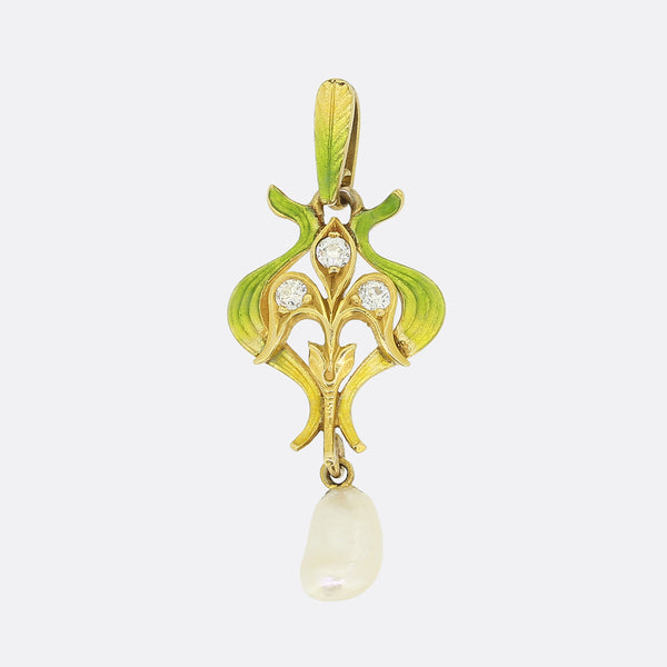 Art Nouveau Natural Pearl Diamond and Enamel Pendant