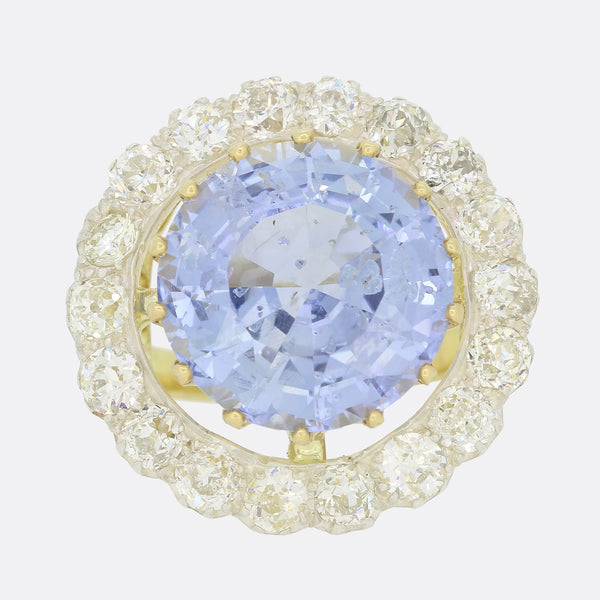 Unheated 13.81 Carat Ceylon Sapphire and Diamond Cluster Ring