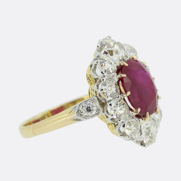 Victorian 3.02 Carat Burmese Ruby and Old Cut Diamond Cluster Ring